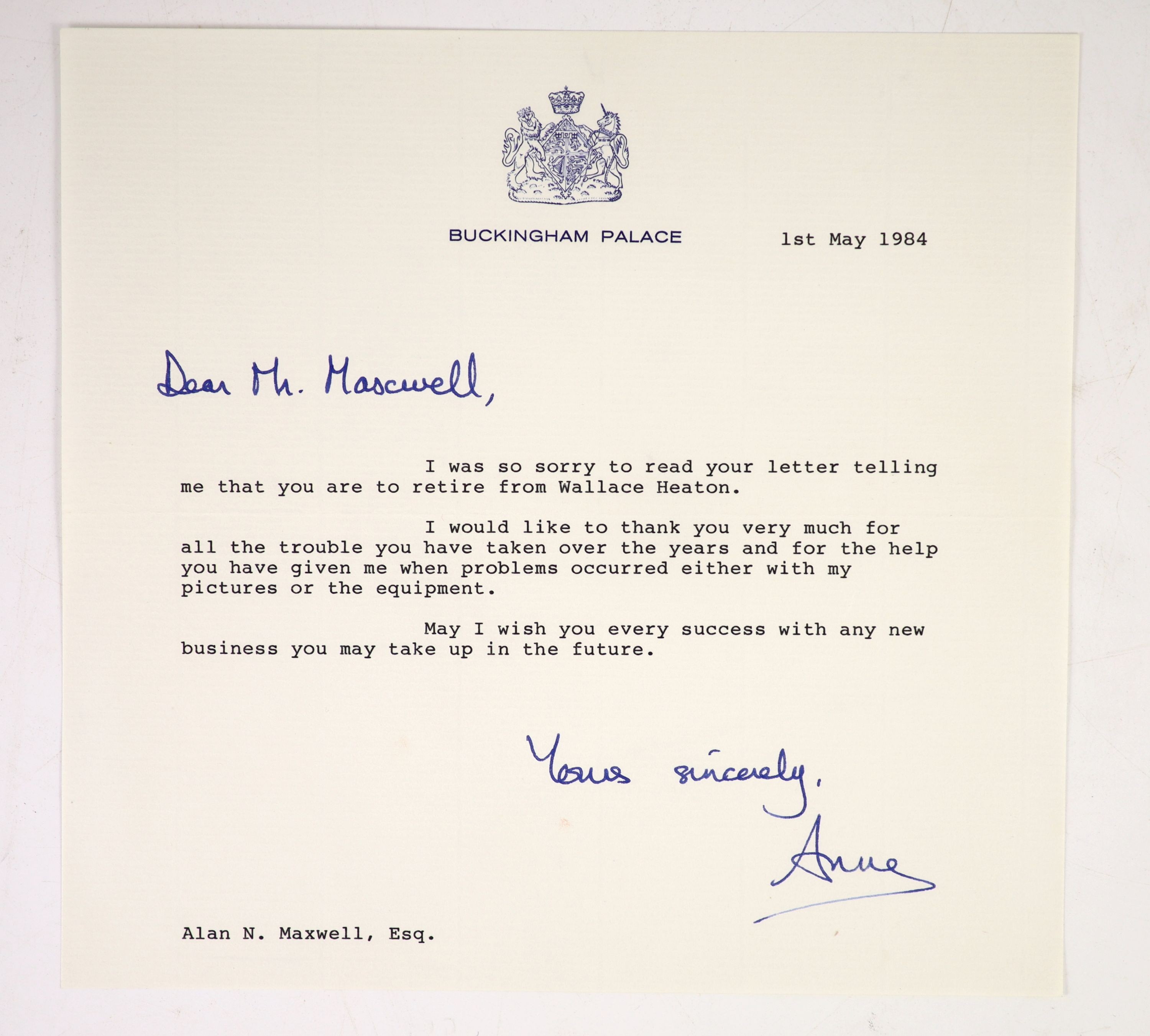 Royal Interest - an album of autograph letters to Alan Maxwell MVO, of the photographic and camera specialists, Wallace Heaton Ltd., official suppliers to the Royal Family